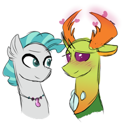 Size: 1155x1154 | Tagged: safe, artist:thepegasisterpony, derpibooru import, terramar, thorax, changedling, changeling, hippogriff, bust, crack shipping, duo, gay, heart, interspecies, jewelry, king thorax, male, necklace, shipping, terrax, transformation