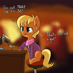 Size: 1280x1280 | Tagged: safe, artist:tjpones, ms. harshwhinny, earth pony, pony, alcohol, barstool, clothes, dialogue, female, food, mare, martini, missing cutie mark, offscreen character, open mouth, sitting, solo focus, stool