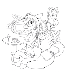 Size: 3460x3664 | Tagged: safe, artist:longinius, princess celestia, alicorn, earth pony, pony, bedroom eyes, cake, cakelestia, cute, cutelestia, duo, female, food, fork, glasses, grayscale, magic, mare, monochrome, pillow, prone, raised hoof, smiling, telekinesis