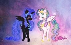 Size: 1100x703 | Tagged: safe, artist:cosmicunicorn, nightmare moon, princess celestia, alicorn, pony, abstract background, alternate hairstyle, blushing, curly hair, duo, eyes closed, female, mare