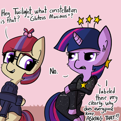 Size: 916x916 | Tagged: safe, artist:tjpones, moondancer, twilight sparkle, pony, unicorn, butt joke, clothes, constellation, costume, cute, dancerbetes, dialogue, duo, female, glasses, mare, missing horn, oblivious, open mouth, sweater, twiabetes, twilight is not amused, unamused