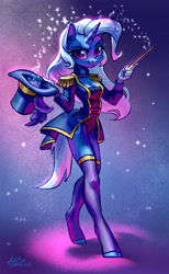 Size: 1780x2894 | Tagged: safe, artist:holivi, derpibooru import, trixie, anthro, unguligrade anthro, unicorn, equestria girls series, street magic with trixie, spoiler:eqg series (season 2), beautiful, breasts, cleavage, clothes, cute, diatrixes, epaulettes, equestria girls outfit, female, hat, leotard, magician outfit, mare, smiling, socks, solo, thigh highs, titsie, top hat, wand, zettai ryouiki