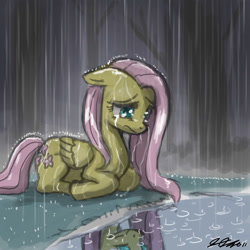 Size: 900x900 | Tagged: safe, artist:johnjoseco, fluttershy, pegasus, pony, crying, female, floppy ears, mare, prone, rain, reflection, sad, solo, water, wet mane