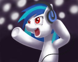 Size: 1000x800 | Tagged: safe, artist:phoenix-conrad, dj pon-3, vinyl scratch, pony, unicorn, female, headphones, mare, red eyes, solo, underhoof