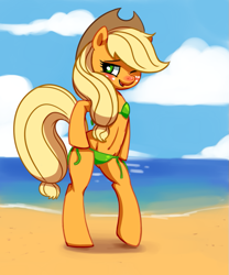 Size: 737x885 | Tagged: safe, artist:verrmont, applejack, earth pony, pony, semi-anthro, beach, belly button, bikini, bipedal, blushing, clothes, female, green swimsuit, one eye closed, side-tie bikini, solo, swimsuit