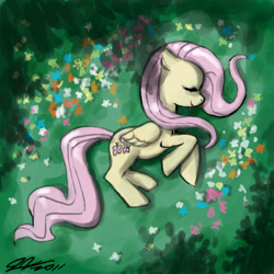 Size: 900x900 | Tagged: safe, artist:johnjoseco, fluttershy, pegasus, pony, bird's eye view, female, flower, mare, on side, sleeping, solo