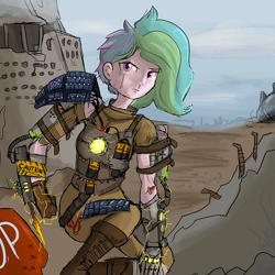 Size: 726x726 | Tagged: safe, artist:tjpones, princess celestia, human, alternate hairstyle, armor, battery, electricity, humanized, post-apocalyptic, ruins, scar, solar panel, solo, wasteland, weapon