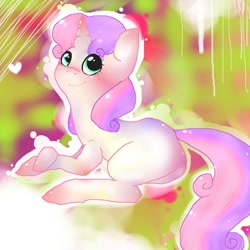 Size: 1000x1000 | Tagged: safe, artist:kryssidaunicorn, sweetie belle, pony, unicorn, abstract background, female, filly, looking up, solo