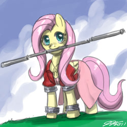 Size: 900x900 | Tagged: safe, artist:johnjoseco, fluttershy, pegasus, pony, aerith gainsborough, clothes, crossover, female, final fantasy, final fantasy vii, mare, mouth hold, solo, staff