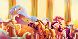 Size: 4920x2500 | Tagged: safe, artist:cuteskitty, applejack, fluttershy, pinkie pie, princess celestia, rainbow dash, rarity, twilight sparkle, alicorn, earth pony, pegasus, pony, unicorn, :p, annoyed, big crown thingy, bowing, color porn, element of generosity, element of honesty, element of loyalty, element of magic, elements of harmony, ethereal mane, eyes closed, eyestrain warning, female, floppy ears, frown, glare, looking back, mane six, mare, pinkie being pinkie, raised hoof, smiling, starry mane, teasing, tongue out, unamused