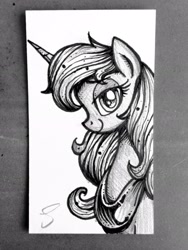 Size: 2448x3264 | Tagged: safe, artist:selenophile, princess luna, alicorn, pony, beautiful, bedroom eyes, business card, bust, female, horn, jewelry, looking at you, mare, monochrome, pen and ink, pen drawing, portrait, profile, regalia, smiling, solo, traditional art, trafitional art