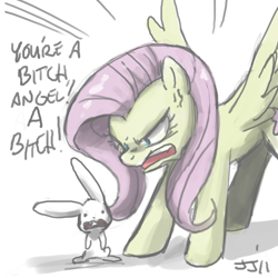 Size: 650x650 | Tagged: safe, artist:johnjoseco, angel bunny, fluttershy, pegasus, pony, angry, duo, female, flutterbitch, mare, rapeface, role reversal, vulgar