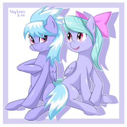 Size: 850x850 | Tagged: safe, artist:skykain, cloudchaser, flitter, pegasus, pony, bow, duo, female, hair bow, mare, sitting