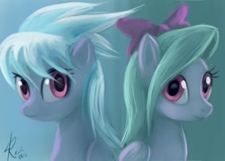 Size: 854x610 | Tagged: safe, artist:raikoh, cloudchaser, flitter, pegasus, pony, back to back, duo, female, mare
