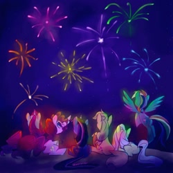 Size: 1000x1000 | Tagged: safe, artist:kelsea-chan, applejack, fluttershy, pinkie pie, rainbow dash, rarity, twilight sparkle, earth pony, pegasus, pony, unicorn, back, female, fireworks, flying, glow, mane six, mare, night, open mouth, pointing, prone, rear view, sitting, smiling, spread wings
