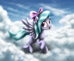 Size: 1800x1500 | Tagged: safe, artist:dcpip, flitter, pegasus, pony, cloud, cloudy, female, flying, hair bow, happy, mare, open mouth, sky, smiling, solo