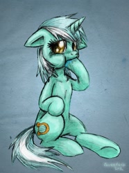 Size: 978x1318 | Tagged: safe, artist:eeveetachi, lyra heartstrings, pony, unicorn, biting, female, floppy ears, hoof biting, mare, sitting, solo