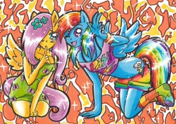 Size: 798x566 | Tagged: dead source, safe, artist:setokaibablue-eyes, fluttershy, rainbow dash, anthro, pegasus, plantigrade anthro, ambiguous facial structure, duo, female, traditional art