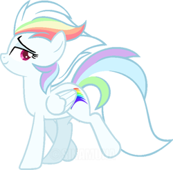 Size: 400x393 | Tagged: safe, artist:sinamuna, derpibooru import, oc, oc only, oc:sonico, pegasus, pony, base used, female, magical lesbian spawn, mare, nextgen:sinverse, offspring, parents:fleetdash, pink eyes, rainbow hair, smug, solo, white hair