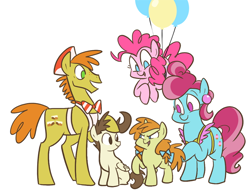 Size: 700x534 | Tagged: dead source, safe, artist:egophiliac, carrot cake, cup cake, pinkie pie, pound cake, pumpkin cake, earth pony, pegasus, pony, unicorn, apron, balloon, bow, cake family, cake twins, clothes, colt, cute, family, female, filly, floating, glare, hair bow, male, mare, no pupils, older, older pound cake, older pumpkin cake, open mouth, raised hoof, simple background, sitting, slice of pony life, smiling, smirk, stallion, tail bow, the cakes, then watch her balloons lift her up to the sky, white background