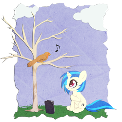 Size: 750x750 | Tagged: safe, artist:rizcifra, dj pon-3, vinyl scratch, bird, pony, unicorn, bare tree, cloud, cloudy, female, filly, music notes, sitting, tree