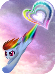 Size: 525x700 | Tagged: safe, artist:rizcifra, rainbow dash, pegasus, pony, action pose, female, flying, heart, mare, solo, sonic rainboom