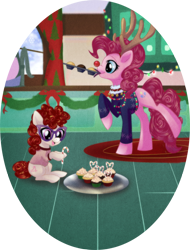 Size: 800x1050 | Tagged: safe, artist:rizcifra, pinkie pie, twist, earth pony, pony, antlers, cake, candy, candy cane, christmas, clothes, cupcake, duo, fake antlers, female, filly, food, glasses, mare, mouth hold, red nose, sugar cane