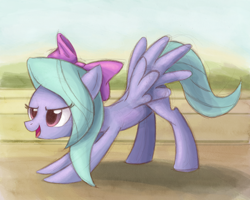 Size: 1500x1200 | Tagged: safe, artist:ric-m, flitter, pegasus, pony, hurricane fluttershy, bow, face down ass up, female, hair bow, looking forward, mare, open mouth, scene interpretation, solo, spread wings, stretching, track, wings