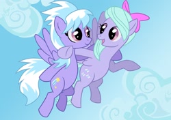 Size: 2480x1748 | Tagged: safe, artist:veganya, cloudchaser, flitter, pegasus, pony, bow, cloud, duo, duo female, female, flying, hair bow, looking at each other, mare, sky, spread wings, wings