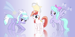 Size: 1024x504 | Tagged: safe, artist:rainbownspeedash, cloudchaser, flitter, pegasus, pony, unicorn, cutie mark, female, females only, gradient background, hair bow, mare, open mouth, plot, raised hoof, rearing, reflection, smiling, spread wings, stars, trio, trio female, two toned mane, two toned tail, wings