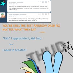 Size: 900x900 | Tagged: safe, rainbow dash, scootaloo, pegasus, pony, askblinddash, blue coat, female, hug, mare, multicolored mane, solo