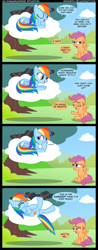 Size: 1250x3193 | Tagged: safe, artist:veggie55, rainbow dash, scootaloo, pegasus, pony, cloud, comic, eyes closed, female, filly, floppy ears, foal, grin, hooves, lying on a cloud, mare, on a cloud, on back, prone, sad, scootaloo can't fly, sitting, smiling, spread wings, tree, wings