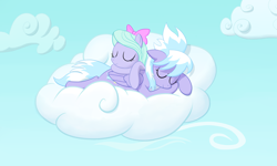 Size: 2500x1500 | Tagged: safe, artist:hunnel, cloudchaser, flitter, pegasus, pony, bow, cloud, duo, duo female, eyes closed, female, floppy ears, hair bow, lying on top of someone, mare, prone, sky, sleeping, vector