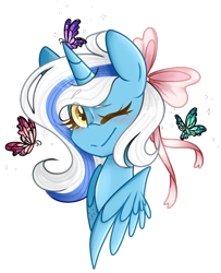 Size: 761x938 | Tagged: safe, artist:rainbowkittyy, derpibooru import, oc, oc only, oc:fleurbelle, alicorn, butterfly, pegasus, pony, adorabelle, alicorn oc, blushing, bow, bust, cute, hair bow, ocbetes, one eye closed, simple background, solo, transparent background