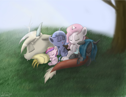 Size: 2700x2084 | Tagged: safe, artist:silbersternenlicht, discord, princess cadance, princess celestia, princess luna, queen chrysalis, alicorn, changeling, changeling queen, draconequus, nymph, pony, cewestia, cute, cutealis, cutedance, cutelestia, discute, female, filly, foal, high res, lunabetes, pink-mane celestia, sleeping, woona, young