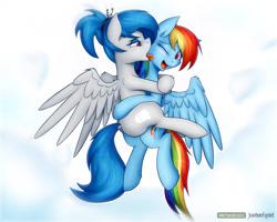 Size: 1280x1024 | Tagged: safe, artist:jcosneverexisted, rainbow dash, oc, oc:spooky glare, pegasus, pony, art trade, canon x oc, female, flying, hug, lesbian, licking, shipping, tongue out