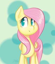 Size: 982x1143 | Tagged: safe, artist:imaplatypus, derpibooru import, fluttershy, pegasus, pony, abstract background, female, folded wings, looking at you, looking sideways, mare, no pupils, smiling, solo, standing, wings