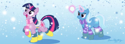 Size: 960x342 | Tagged: safe, artist:brianblackberry, trixie, twilight sparkle, boots, clothes, duo, female, magic, saddle, scarf, snow, snowball, snowfall, socks, striped socks, tack, winter