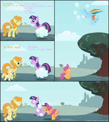 Size: 1600x1794 | Tagged: safe, artist:lumorn, carrot top, golden harvest, noi, scootaloo, spike, twilight sparkle, unicorn twilight, dragon, earth pony, pegasus, pony, unicorn, ..., carrot, cloud, cloud busting, cloud storage, cloudy, comic, copying, female, filly, food, frown, looking up, mare, mouth hold, open mouth, raised hoof, sitting, smiling, spread wings, wide eyes