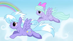 Size: 6001x3376 | Tagged: safe, artist:veganya, cloudchaser, flitter, pegasus, pony, cloud, duo, duo female, female, flying, looking forward, mare, rainbow, sky, spread wings, windswept mane, wings