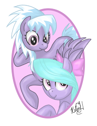 Size: 1146x1492 | Tagged: dead source, safe, artist:viperviolist, cloudchaser, flitter, pegasus, pony, abstract background, duo, duo female, female, mare, signature, smiling, spread wings, wings