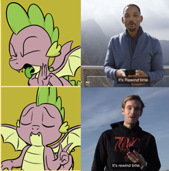 Size: 1583x1600 | Tagged: safe, artist:pony-berserker edits, derpibooru import, edit, spike, barely pony related, drake, meme, pewdiepie, will smith, youtube, youtube rewind