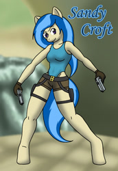 Size: 563x818 | Tagged: safe, artist:terdburgler, oc, oc:sandy rivers, anthro, unguligrade anthro, belt, clothes, crossover, dual pistols, dual wield, gun, holster, no trigger discipline, pistol, shorts, tomb raider, weapon