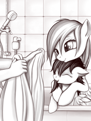 Size: 480x640 | Tagged: safe, artist:rainbow, rainbow dash, scootaloo, human, pegasus, pony, arms, bath, bathtub, cute, cutealoo, dashabetes, eyes closed, female, filly, floppy ears, grayscale, group, hand, happy, hnnng, hug, mare, monochrome, offscreen character, open mouth, scootalove, smiling, towel, wet, wet mane