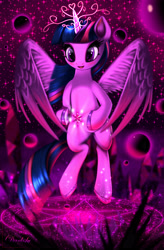 Size: 3360x5120 | Tagged: safe, artist:darksly, derpibooru import, twilight sparkle, twilight sparkle (alicorn), alicorn, pony, blushing, element of magic, female, floating, glowing horn, heart, magic, magic circle, mare, open mouth, signature, solo, sparkles, wings