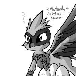 Size: 792x792 | Tagged: safe, artist:tjpones, oc, oc only, oc:serilde, griffon, descriptive noise, egg, female, grayscale, griffon oc, meme, monochrome, patreon, patreon reward, raised claw, simple background, solo, white background