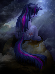 Size: 1068x1428 | Tagged: safe, artist:jewlecho, twilight sparkle, back, dark, rain, sad, wet, wet mane