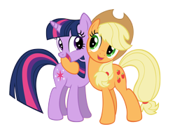 Size: 4000x2936 | Tagged: safe, artist:azure-vortex, applejack, twilight sparkle, earth pony, pony, absurd resolution, eye contact, hug, open mouth, simple background, smiling, transparent background, vector