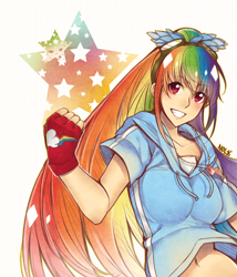 Size: 3000x3500 | Tagged: safe, artist:mallier, derpibooru import, rainbow dash, human, 2016, anime, belly button, blushing, clothes, commission, female, fingerless gloves, gijinka, gloves, goggles, grin, high res, humanized, jewelry, looking at you, midriff, necklace, simple background, smiling, solo, stars, white background
