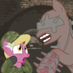 Size: 500x500 | Tagged: safe, artist:etonyoc, lily, lily valley, cyborg, cyber mutant, fleshpound, killing floor, mutant, mutated pony, ponified, scared, the horror